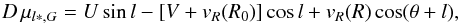\begin{equation} D\,\mu_{l*,G}=U\sin l-[V+v_R(R_{0})]\cos l +v_R(R)\cos(\theta+l), \label{e:vsubl} \end{equation}