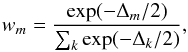 \appendix \setcounter{section}{1} \begin{equation} w_m = \dfrac{\exp(-\Delta_m/2)}{\sum_k \exp(-\Delta_k/2)}\text{,} \label{w_i} \end{equation}