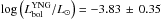 \hbox{$\log\left(L_\mathrm{bol}^\mathrm{YNG}/L_\odot\right)=-3.83\,\pm\,0.35$}