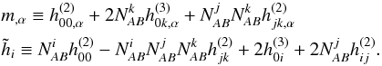 \begin{eqnarray} && m_{,\alpha} \equiv h_{00,\alpha}^{(2)} + 2 N_{AB}^k h_{0k,\alpha}^{(3)} + N_{AB}^j N_{AB}^k h_{jk,\alpha}^{(2)} \nn\\ && \tilde h_i \equiv N_{AB}^i h_{00}^{(2)} - N_{AB}^i N_{AB}^j N_{AB}^k h_{jk}^{(2)} + 2 h_{0i}^{(3)} + 2 N_{AB}^j h_{ij}^{(2)} . \nn \end{eqnarray}