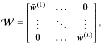 \begin{equation} \bcW=\left[ \begin{matrix} \bar{\bm{w}}^{(1)} &\ldots&\bzero\\ \vdots & \ddots&\vdots\\ \bzero&\ldots &\bar{\bm{w}}^{(L)} \end{matrix} \right], \label{eq:beamformingMatrix} \end{equation}