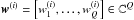 \hbox{$\bm{w}^{(i)}=\left[w_1^{(i)},\ldots,w_Q^{(i)}\right]\in\mathbb{C}^Q$}
