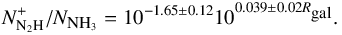 Mathematical equation: \begin{eqnarray} N_{\rm N_2H}^+/N_{\mbox{\tiny NH}_3} = 10^{-1.65 \pm 0.12}10^{0.039 \pm 0.02R_{\mbox{\tiny gal}}}. \end{eqnarray}