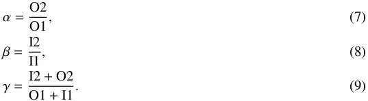 Mathematical equation: \begin{align} & \alpha = \frac{\rm O2}{\rm O1}, \\ & \beta = \frac{\rm I2}{\rm I1}, \\ & \gamma = \frac{\rm I2+O2}{\rm O1+I1}. \end{align}