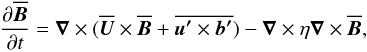 \begin{equation} {\partial \meanBB\over\partial t}=\nab\times(\meanUU\times\meanBB+ \overline{\flucuu\times\flucbb}) - \nab\times\eta\nab\times\meanBB, \label{eq:mind} \end{equation}
