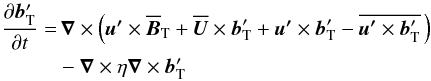 \begin{eqnarray} \begin{aligned} {\partial\fluc{\bb}_{\rm T}\over\partial t}=&\,\nab\times\left(\flucuu\times\meanBB_{\rm T} + \meanUU\times\fluc{\bb}_{\rm T} + \flucuu\times\fluc{\bb}_{\rm T} - \overline{\flucuu\times\fluc{\bb}_{\rm T}}\,\right) \\ &- \nab\times\eta\nab\times\fluc{\bb}_{\rm T} \end{aligned} \label{eq:testpr} \end{eqnarray}