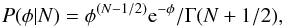 \begin{equation} \label{eq:postphi} P(\phi|N) = \phi^{(N-1/2)} \mathrm{e}^{-\phi}/\Gamma(N+1/2), \end{equation}