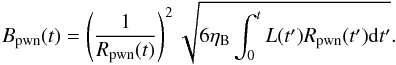\appendix \setcounter{section}{1} \begin{equation} B_{\rm pwn}(t) = \left(\frac{1}{R_{\rm pwn}(t)}\right)^2 \sqrt{6\eta_{\rm B}\int_{0}^{t}L(t')R_{\rm pwn}(t'){\rm d}t'}. \end{equation}