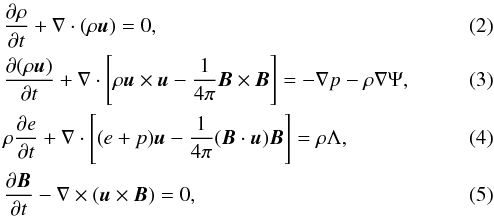 \begin{eqnarray} && \frac{\partial \rho }{\partial t} + \nabla \cdot \left( \rho \vec{u} \right) = 0, \\ && \frac{\partial (\rho \vec{u})}{\partial t} + \nabla\cdot\left[\rho \vec{u}\times\vec{u} - \frac{1}{4\pi}\vec{B}\times\vec{B} \right] = - \nabla p - \rho \nabla \Psi, \\ && \rho \frac{\partial e}{\partial t} +\nabla \cdot \left[ (e + p)\vec{u} - \frac{1}{4\pi} (\vec{B}\cdot\vec{u})\vec{B} \right] = \rho\Lambda, \\ &&\frac{\partial \vec{B}}{\partial t} - \nabla \times (\vec{u}\times \vec{B}) = 0, \end{eqnarray}