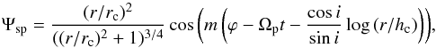 \begin{equation} \Oo \Psi_{\rm sp} = \frac{(r/r_{\rm c})^2}{((r/r_{\rm c})^2 + 1)^{3/4}} \cos{\left(m\left(\varphi - \Omega_{\rm p} t - \frac{\cos{i}}{\sin{i} }\log{\left(r/h_{\rm c}\right)}\right)\right)},\label{eq::spirals} \end{equation}