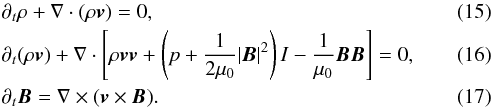 \begin{eqnarray} &&\partial_t \rho +\nabla \cdot (\rho {\vec v}) = 0, \\ & & \partial_t (\rho {\vec v}) +\nabla \cdot \left[\rho {\vec v} {\vec v} +\left(p+\frac {1}{2\mu_0} \vert {\vec B} \vert^2\right)I -\frac{1}{\mu_0} {\vec B} {\vec B}\right] = 0, \\ && \partial_t {\vec B} = \nabla \times ({\vec v} \times {\vec B}). \end{eqnarray}