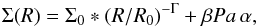 \begin{equation} \label{equ:powerlaw} \Sigma(R) = \Sigma_{0} * (R/R_{0})^{-\Gamma} + \beta Pa\,\alpha, \end{equation}