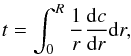 \begin{eqnarray} t=\int_{0}^{R}\frac{1}{r}\frac{{\rm d}c}{{\rm d}r}{\rm d}r, \end{eqnarray}
