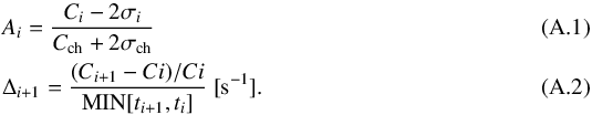 \appendix \setcounter{section}{1} \begin{eqnarray} &&A_{i} =\frac{C_{i} - 2\sigma_{i}}{C_{\rm ch} + 2\sigma_{\rm ch}} \label{eq.3.2} \\ &&\Delta_{i+1} =\frac{(C_{i+1} - C{i})/C{i}}{{\rm MIN}[t_{i+1}, t_{i}]}~[{\rm s}^{-1}] \label{eq.3.3} . \end{eqnarray}