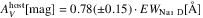 \hbox{$A_V^{\rm host}[{\rm mag}] = 0.78(\pm0.15) \cdot EW_{\ion{Na}{i}~\rm D}[{\rm \AA}]$}