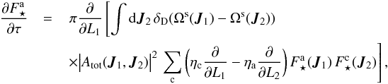 \begin{eqnarray} \frac{\partial \Fsa}{\partial \tau}& = & \, \pi \frac{\partial }{\partial L_{1}} \left [\int \rd \bm{J}_{2} \, \delta_{\rD} (\Omega^{\rs} (\bm{J}_{1}) - \Omega^{\rs} (\bm{J}_{2})) \right . \nonumber \\ & & \left . \times \big| A_{\rm tot} (\bm{J}_{1} , \bm{J}_{2}) \big|^{2} \, \sum_{\rc} \bigg( \eta_{\rc} \frac{\partial }{\partial L_{1}} - \eta_{\ra} \frac{\partial }{\partial L_{2}} \bigg) \, \Fsa (\bm{J}_{1}) \, \Fsc (\bm{J}_{2}) \right] , \label{Landau_Kep_multi} \end{eqnarray}