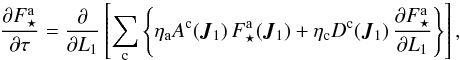 \begin{equation} \frac{\partial \Fsa}{\partial \tau} = \frac{\partial }{\partial L_{1}} \left [\sum_{\rc} \left\{ \eta_{\ra} A^{\rc} (\bm{J}_{1}) \, \Fsa (\bm{J}_{1}) + \eta_{\rc} D^{\rc} (\bm{J}_{1}) \, \frac{\partial \Fsa}{\partial L_{1}} \right \} \right] , \label{Landau_Kep_disc_multi_AD} \end{equation}