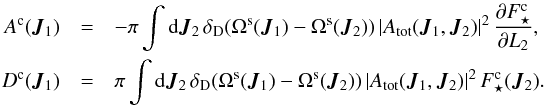 \begin{eqnarray} A^{\rc} (\bm{J}_{1}) & = &- \pi \int \rd \bm{J}_{2} \, \delta_{\rD} (\Omega^{\rs} (\bm{J}_{1}) - \Omega^{\rs} (\bm{J}_{2})) \, | A_{\rm tot} (\bm{J}_{1} , \bm{J}_{2}) |^{2} \, \frac{\partial \Fsc}{\partial L_{2}} , \nonumber \\ D^{\rc} (\bm{J}_{1}) & =& \pi \int \rd \bm{J}_{2} \, \delta_{\rD} (\Omega^{\rs} (\bm{J}_{1}) - \Omega^{\rs} (\bm{J}_{2})) \, | A_{\rm tot} (\bm{J}_{1} , \bm{J}_{2}) |^{2} \, \Fsc (\bm{J}_{2}) . \label{AD_multi} \end{eqnarray}