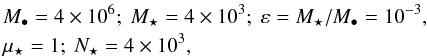 \begin{eqnarray} && \, M_{\bullet} = 4 \times 10^{6} ;~ M_{\star} = 4 \times 10^{3} ;~ \varepsilon = M_{\star}/M_{\bullet} = 10^{-3} , \nonumber \\ && \, \mu_{\star} = 1 ;~ N_{\star} = 4 \times 10^{3} , \label{mass_BH_disc} \end{eqnarray}