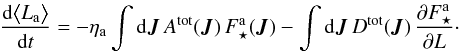 \begin{equation} \frac{\rd \big< L_{\ra} \big>}{\rd t} = - \eta_{\ra} \int \rd \bm{J} \, A^{\rm tot} (\bm{J}) \, \Fsa (\bm{J}) - \int \rd \bm{J} \, D^{\rm tot} (\bm{J}) \, \frac{\partial \Fsa}{\partial L} \cdot \label{dL_dt} \end{equation}