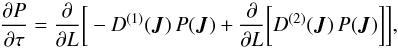 \begin{equation} \frac{\partial P}{\partial \tau} = \frac{\partial }{\partial L} \bigg[ - D^{(1)} (\bm{J}) \, P (\bm{J}) + \frac{\partial }{\partial L} \bigg[ D^{(2)} (\bm{J}) \, P (\bm{J}) \bigg] \bigg] , \nonumber \end{equation}