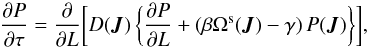 \begin{equation} \frac{\partial P}{\partial \tau} = \frac{\partial }{\partial L} \bigg[ D (\bm{J}) \, \bigg\{ \frac{\partial P}{\partial L} + (\beta \Omega^{\rs} (\bm{J}) - \gamma) \, P (\bm{J}) \bigg\} \bigg] , \label{FP_Boltzamnn_FP} \end{equation}