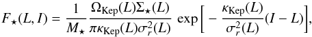 \begin{equation} \Fs (L ,I) = \frac{1}{M_{\star}} \frac{\Omega_{\rm Kep} (L) \Sigma_{\star} (L)}{\pi \kappa_{\rm Kep} (L) \sigma_{r}^{2} (L)} \, \exp \bigg[- \frac{\kappa_{\rm Kep} (L)}{\sigma_{r}^{2} (L)} (I - L) \bigg] , \label{DF_disc} \end{equation}