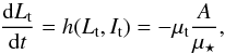 \begin{equation} \frac{\rd L_{\rt}}{\rd t} = h (L_{\rt} , I_{\rt}) = - \mu_{\rt} \frac{A}{\mu_{\star}} , \label{eq_dynamical_friction} \end{equation}