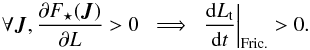 \begin{equation} \forall \bm{J} , \frac{\partial F_{\star} (\bm{J})}{\partial L} > 0 \;\; \Longrightarrow \;\; \frac{\rd L_{\rt}}{\rd t} \bigg|_{\text{Fric.}} > 0 . \label{sign_friction} \end{equation}