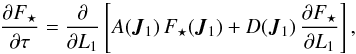 \begin{equation} \frac{\partial \Fs}{\partial \tau} = \frac{\partial }{\partial L_{1}} \left [A (\bm{J}_{1}) \, \Fs (\bm{J}_{1}) + D (\bm{J}_{1}) \, \frac{\partial \Fs}{\partial L_{1}} \right] , \label{Landau_Kep_disc_AD} \end{equation}