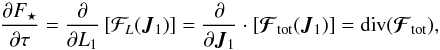 \begin{equation} \frac{\partial \Fs}{\partial \tau} = \frac{\partial }{\partial L_{1}} \left [\mathcal{F}_{L} (\bm{J}_{1}) \right] = \frac{\partial }{\partial \bm{J}_{1}} \cdot \left [\bm{\mathcal{F}}_{\rm tot} (\bm{J}_{1}) \right] = \text{div} (\bm{\mathcal{F}}_{\rm tot}) , \label{Landau_Kep_disc_Div} \end{equation}