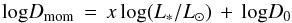 \begin{equation} \mathrm{log} D_{\mathrm{mom}}\, =\, x \,\mathrm{log} (L_\ast/L_{\odot})\,+\, \mathrm{log} D_{0} \end{equation}