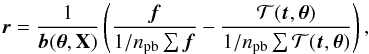 \begin{equation} \vec{r} = \frac{1}{\vec{b}(\pvec, \mathbf{X})} \left( \frac{\vec{f}}{1/\npb \sum \vec{f}} - \frac{\tmodel(\vec{t}, \pvec)}{1/\npb \sum \tmodel(\vec{t}, \pvec )} \right ), \label{eq:dw_residuals} \end{equation}