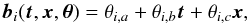 \begin{equation} \vec{b}_i(\vec{t}, \vec{x}, \pvec ) = \theta_{i,a} + \theta_{i,b} \vec{t} + \theta_{i,c} \vec{x}, \end{equation}