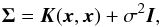 \begin{equation} \covmat = \vec{K}(\vec{x},\vec{x}) + \sigma^2\vec{I}, \end{equation}