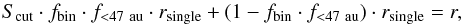 \begin{equation} S_\text{cut} \cdot f_\text{bin} \cdot f_{< 47~\text{au}} \cdot r_\text{single} + (1-f_\text{bin} \cdot f_{< 47~\text{au}}) \cdot r_\text{single} = r, \end{equation}