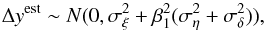 \appendix \setcounter{section}{1} \begin{equation} \label{eqn:prediction_var} \Delta y^{\mathrm{est}} \sim {N}(0,\sigma^{2}_{\xi} + \beta^{2}_{1} (\sigma^{2}_{\eta} + \sigma^{2}_{\delta})), \end{equation}