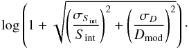 \appendix \setcounter{section}{2} \begin{equation} \log \left( 1 + \sqrt{ \left( \frac{\sigma_{S_{\mathrm{int}}}}{S_{\mathrm{int}}} \right)^{2} + \left( \frac{\sigma_{D}}{D_{\mathrm{mod}}} \right)^{2}} \right)\cdot \end{equation}