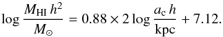 \appendix \setcounter{section}{3} \begin{equation} \log \frac{M_{\mathrm{HI}}\,h^{2}}{{M_{\odot}}} = 0.88 \times 2\log \frac{a_{\mathrm{c}}\,h}{\mathrm{kpc}} + 7.12. \end{equation}
