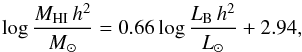 \appendix \setcounter{section}{3} \begin{equation} \log \frac{M_{\mathrm{HI}}\,h^{2}}{{M_{\odot}}} = 0.66 \log \frac{L_{\mathrm{B}}\,h^{2}}{{L_{\odot}}} + 2.94, \end{equation}
