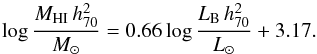 \appendix \setcounter{section}{3} \begin{equation} \log \frac{M_{\mathrm{HI}}\,h_{70}^{2}}{{M_{\odot}}} = 0.66 \log \frac{L_{\mathrm{B}}\,h_{70}^{2}}{{L_{\odot}}} + 3.17. \end{equation}