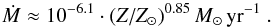 \begin{equation} \label{eq:mdot_ostars} \dot{M}\approx 10^{-6.1} \cdot (Z/Z_\odot)^{0.85}\,M_\odot\,{\rm yr}^{-1}~. \end{equation}
