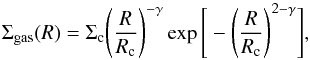 \begin{equation} \label{eq:dens} \Sigma_{\rm gas}(R)=\Sigma_{\rm c}\Bigg(\frac{R}{R_{\rm c}}\Bigg)^{-\gamma}\exp \Bigg[-\Bigg(\frac{R}{R_{\rm c}}\Bigg)^{2-\gamma}\Bigg], \end{equation}