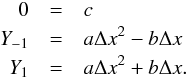 \appendix \setcounter{section}{1} \begin{eqnarray} 0 & =&c\nonumber \\ Y_{-1} & =&a\Delta x^{2}-b\Delta x\\ Y_{1} & =&a\Delta x^{2}+b\Delta x.\nonumber \end{eqnarray}
