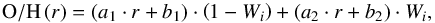 \begin{equation} \label{eq2} {\rm O/H} \,(r) = (a_1 \cdot r + b_1) \cdot \left( 1-W_i \right) + (a_2 \cdot r + b_2) \cdot W_i, \end{equation}