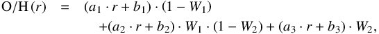 \begin{eqnarray} \label{eq4} {\rm O/H} \,(r) &=& (a_1 \cdot r + b_1) \cdot \left(1- W_1 \right) \nonumber \\ &&\quad+ (a_2 \cdot r + b_2) \cdot W_1 \cdot \left(1-W_2 \right) + (a_3 \cdot r + b_3) \cdot W_2, \end{eqnarray}