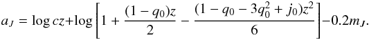 \begin{equation} a_J = \log cz + \log \left[1+\frac{(1-q_0)z}{2} - \frac{(1 - q_0 - 3 q^2_0 + j_0)z^2}{6}\right] - 0.2 m_J. \label{eq:intercept} \end{equation}