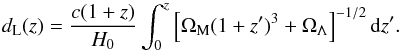 \begin{equation} d_{\rm L}(z) = \frac{c(1+z)}{H_0}\int_0^z \left[\Omega_{\rm M}(1 + z')^3 + \Omega_\Lambda\right]^{-1/2} {\rm d}z'. \end{equation}