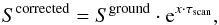 \begin{equation} \label{eq:opa} S^{\rm corrected} = S^{\rm ground} \cdot {\rm e}^{ x \cdot \tau_{\rm scan}} , \end{equation}