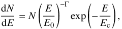 \begin{equation} \frac{{\rm d}N}{{\rm d}E} = N \left(\frac{E}{E_0}\right)^{-\Gamma} \exp \left(-\frac{E}{E_{\rm c}}\right), \label{eq:PLExp} \end{equation}